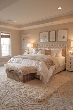 a bedroom with a large bed and white carpet