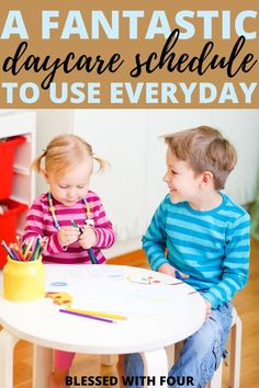 two children sitting at a table with the text, this daily daycare schedule was made just for you