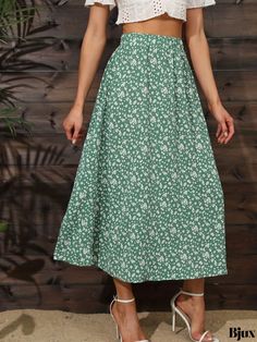 Bjux - Chic Bohemian Ditsy Floral Print High Waist Skirts: Elegant Maxi Summer Skirts for Womens Vacation Wardrobes Casual Flowy Ankle-length Skirt, Green Non-stretch Maxi Skirt, Casual Ankle-length Flowy Skirt, Green Non-stretch Skirt With Elastic Waistband, Floral Print Knee-length Bottoms For Beach, Green Floral Print Non-stretch Skirt, Spring Casual Ankle-length Maxi Skirt, Casual Flowy Ankle-length Maxi Skirt, Spring Ankle-length Casual Maxi Skirt