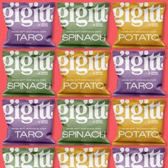 six different flavors of potato chips on a pink and orange background with the word,'gi