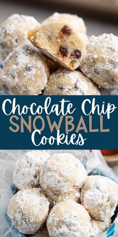 chocolate chip snowball cookies are piled on top of each other with powdered sugar