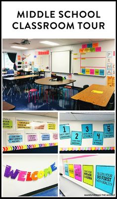 the middle school classroom tour includes posters, desks and bulletin boards for students to use