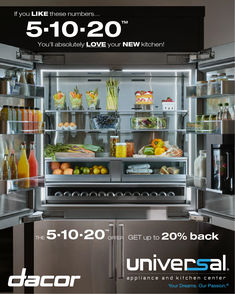 an advertisement for a new refrigerator that is full of food and drinks, with the door open