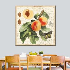 a painting hanging on the wall above a dining room table with chairs and a butterfly