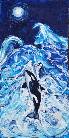 an acrylic painting of two orca killer whales swimming in the ocean at night