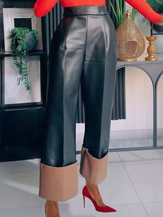 Affordable price buy Leather Pants on Stylewe, SPU: 11FLE9A1526, Color: Black, Pattern:Color Block, Theme:Autumn. Wide Leg Leather Pant, Classy Leather Pants, Pocket Stitching, Pants Pocket, Pockets Fashion, Fall 24, Black Leather Pants, Leather Pant, Ladies Clothes