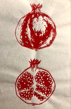 the pomegranates are drawn in red ink on white paper