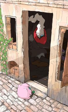 a pink pig sitting on the ground in front of an open door to a brick building