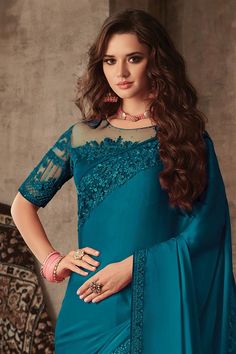 Teal Embroidered Art Silk Fabric Party Wear Designer Saree Engagement Saree, Salwar Dress, Dress Salwar Kameez, Blouse Measurement, Lehenga Collection, Embroidered Art, Party Wear Indian Dresses, Work Sarees