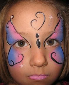 Lovely simple butterfly, good for wriggly customers :) Easter Face Paint, Pink Blue Butterfly, Circus Makeup, Butterfly Face Paint, Painting Butterfly, Butterfly Makeup, Festival Face, Butterfly Face, Face Painting Easy