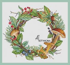 a cross stitch pattern with mushrooms and leaves in the shape of a wreath on a white background