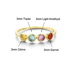 Dainty, minimalist, mult-color, multi natural 3mm, 4 different gemstones, gemstones:Amethyst, Garnet, Topaz, and Citrine, set in 14K gold plated over 925 sterling silver. 1mm band width. Multicolor Amethyst Birthstone Ring, Topaz And Citrine, Bloodstone Necklace, Chrysoprase Ring, Lapis Lazuli Pendant, Garnet Rings, Multi Stone, Birthstone Ring, Stackable Rings