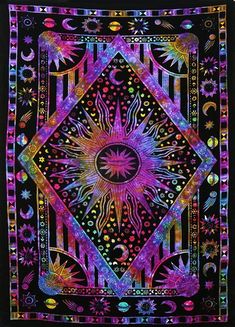 an art work with many different colors and designs on it's black background,