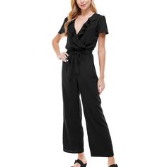 Women’s Black Jumpsuit By Kingston Grey. 100% Polyester. Nwt. Elastic Waist With Tie Belt. Ruffle Detail. No Zippers Or Buttons. Hits At Ankle. Chic Short Sleeve Workwear Pantsuit, Chic Short Sleeve Pantsuit For Work, Elegant Relaxed Fit Jumpsuit In Solid Color, Chic Relaxed Fit Jumpsuits And Rompers For Work, Chic Workwear Jumpsuits And Rompers With Relaxed Fit, Chic Jumpsuits And Rompers For Workwear With Relaxed Fit, Chic Relaxed Fit Jumpsuits For Workwear, Elegant Relaxed Fit Jumpsuit For Work, Casual V-neck Pantsuit For Night Out