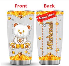 the front and back side of a cup with a bear on it