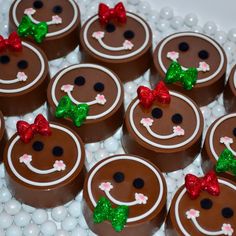 chocolate candies decorated with faces and bows