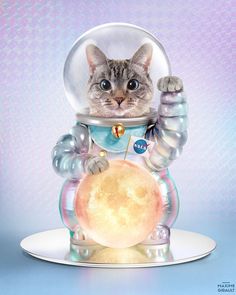 a cat in an astronaut's suit holding up a small globe with the moon inside