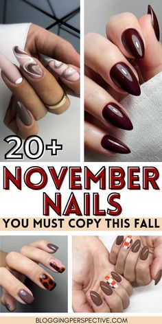 Nails Acrylic For November, November Nail Trends 2023, Brown And Pink Acrylic Nails Design, Simple Fall Nail Color Ideas, Nail Holiday Ideas, November 2023 Nail Colors, Thanksgiving Almond Nails Designs, Thanksgiving Nail Ideas Acrylic Almond, Fall Sweater Nails Almond