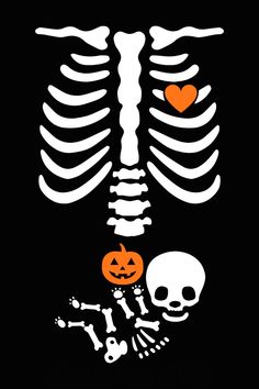 a skeleton with a jack - o - lantern on it's chest is shown