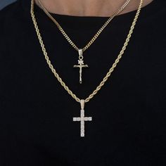 Introducing our Make A Set Pairs - Layer up with these best selling 2 Chains + 2 Pendants for up to 60% Off! Upgrade your fit without breaking the bank ???? This product is guaranteed for life – GLD will repair or replace the item should you experience any defects in craftsmanship or breakage. Set Includes - (1) 4mm Rope Chain - (1) 3mm Micro Cuban Chain - (1) Diamond Cross Pendant - (1) Crucifix Pendant Specifications Rope Chain -Weight: 17-21 grams (varies between sizes) -Width: 4mm Micro Cuban Chain -Weight: 9-12 grams (varies between sizes) -Width: 3mm Diamond Cross Pendant -Weight: 3 grams -Width x Height: 20mm x 29mm Crucifix Pendant -Weight: 4 grams -Width x Height: 19mm x 29mm | Cross Pendant Set - The GLD Shop Cross Pendant Men, 21 Grams, Mens Gold Jewelry, Diamond Cross Pendants, Diamond Cross, Vermeil Jewelry, Custom Earrings, Mens Pendant, Cuban Chain