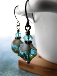 Perfect color & delicately earthy Petite Earrings, Glass Bead Earrings, Aqua Glass, Earring Wires, Aqua Color, Affordable Jewelry, Inner Beauty, Glass Earrings, Antique Copper