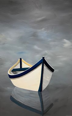 a painting of a boat floating in the water with its reflection on the water's surface