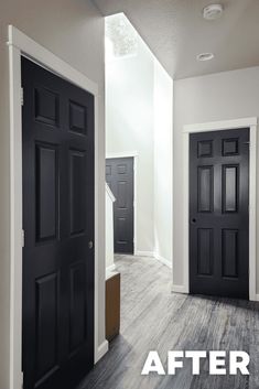 an empty room with two black doors and the words, before and after photoshopped