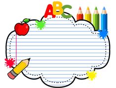 an apple, pencils and crayons are on top of a lined paper