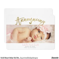 Gold Heart Baby Girl Birth Announcement Photo Girl Bi, Gold Heart