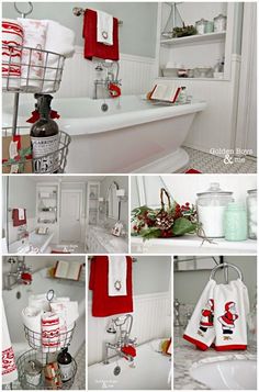 the bathroom is decorated with red and white towels, christmas decorations, and other items