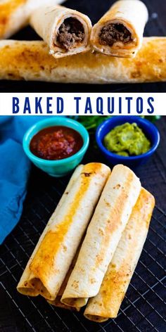 three different views of baked taquitass with salsa and guacamole