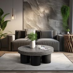 a living room with couches, tables and potted plants on the floor in front of a stone wall