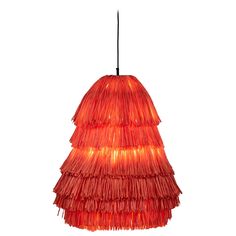 a red light hanging from a ceiling fixture with fringes on the bottom and sides