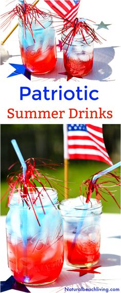 patriotic summer drinks with strawberries in mason jars