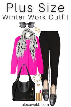 Plus Size Winter Work Outfits with plus size hot pink sweater, black ankle pants, grey leopard scarf, tote bag, and loafers. A plus size business casual outfit idea for winter by Alexa Webb. Hot Pink Sweater Outfit Winter, Plus Size Winter Work Outfits, Pink Sweater Outfit Winter, Hot Pink Sweater Outfit, Pullover Sweaters Outfits, Plus Size Business Casual, Leisure Outfits, Pink Sweater Outfit, Business Casual Outfit Ideas