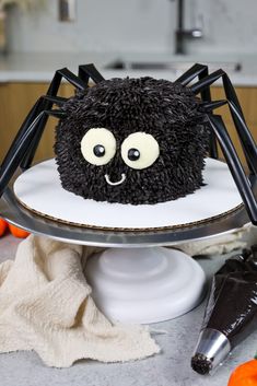 a spider cake sitting on top of a white plate covered in icing and black sprinkles