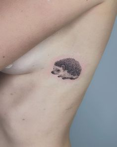 a small hedgehog tattoo on the side of a woman's right arm and chest