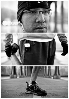 three different shots of a man in black and white wearing running gear, with his hands on his hips