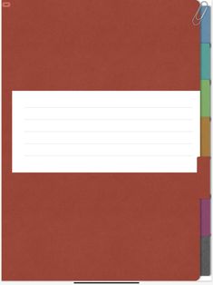 a red binder with three different colored papers attached to the front and back of it