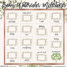 baby watercolor milestones with flowers and leaves on the top, in green tones