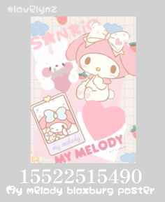 an image of a hello kitty poster with the name my melody in pink and white