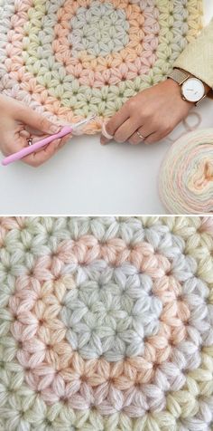 crochet granny blanket with two pictures showing the same pattern and how to make it