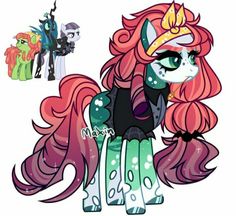 an image of a pony with pink hair and green eyes, standing next to other ponys