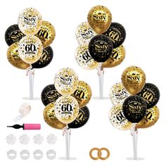 black and gold 30th birthday party balloons with confetti sticks