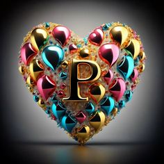 a heart shaped object with the letter p in it's center and lots of hearts around it