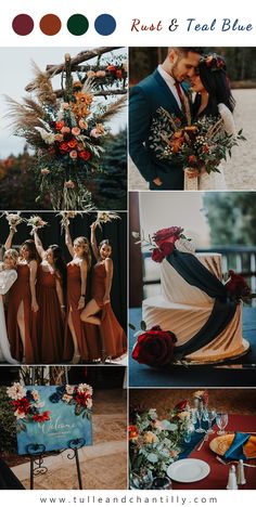 a collage of photos with different colors and flowers on them, including the bride and groom's bouquets