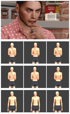 multiple images of the same man with different facial expressions on his face and chest, all in various poses