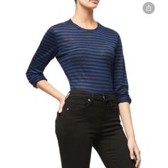 Good American Women’s Linen Black & Blue Striped Long Sleeve Crewneck Top Shirt Size 3 Or M Brand New With Tags Attached. Size 3 And Fits Women’s Medium Chic Blue Tops For Layering, Blue Tops For Layering, Boyfriend Sweater, Ribbed Shirt, Cropped Crewneck, Tie Dye Cotton, Fits Women, Black Long Sleeve Top, Women Long Sleeve Tops