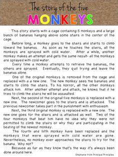 the story of the five monkeys is shown in this page with an explanation to it