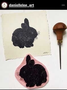 a rubber stamp with a rabbit on it next to a wood carving tool and an image of a bunny